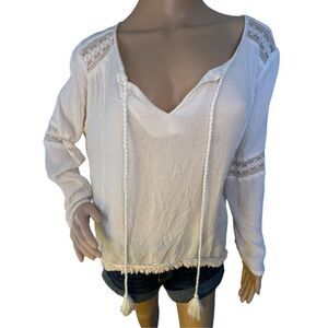 Katie’s Kloset Cream Lightweight Long Sleeve Boho V-Neck Blouse